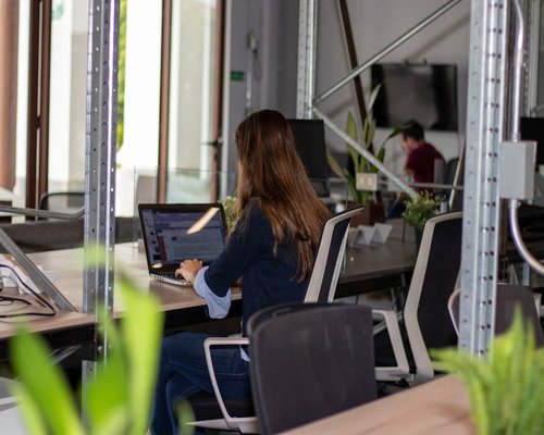 A person typing responsibly on a laptop inside a brightly lit modern coworking space in Guadalajara